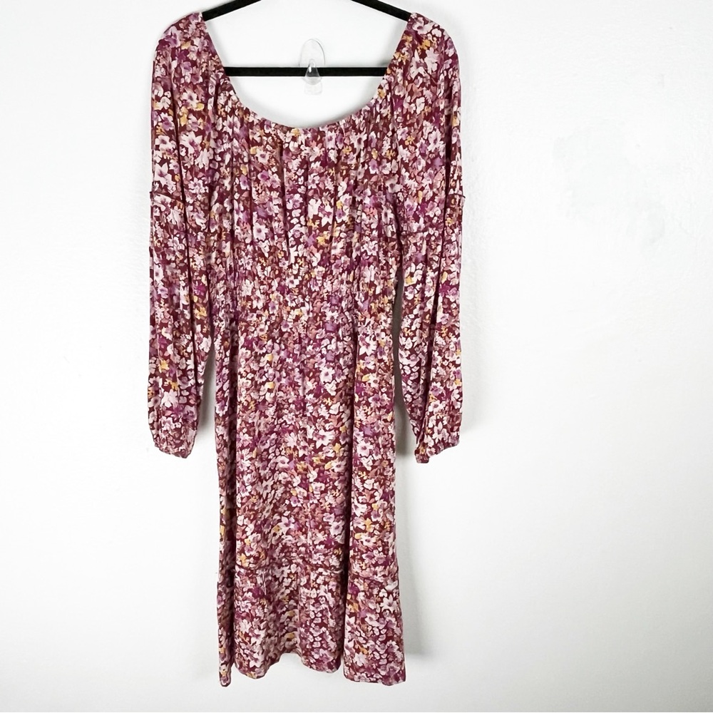 NAIF Multicolored Floral Long Sleeves Scoop Neck Pleated Bodice Dress